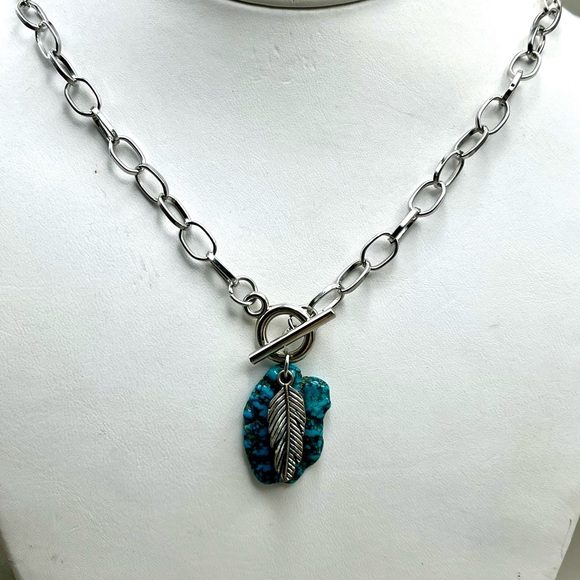 Silver and Turquoise Feather Pendant Necklace - Picture 2 of 4